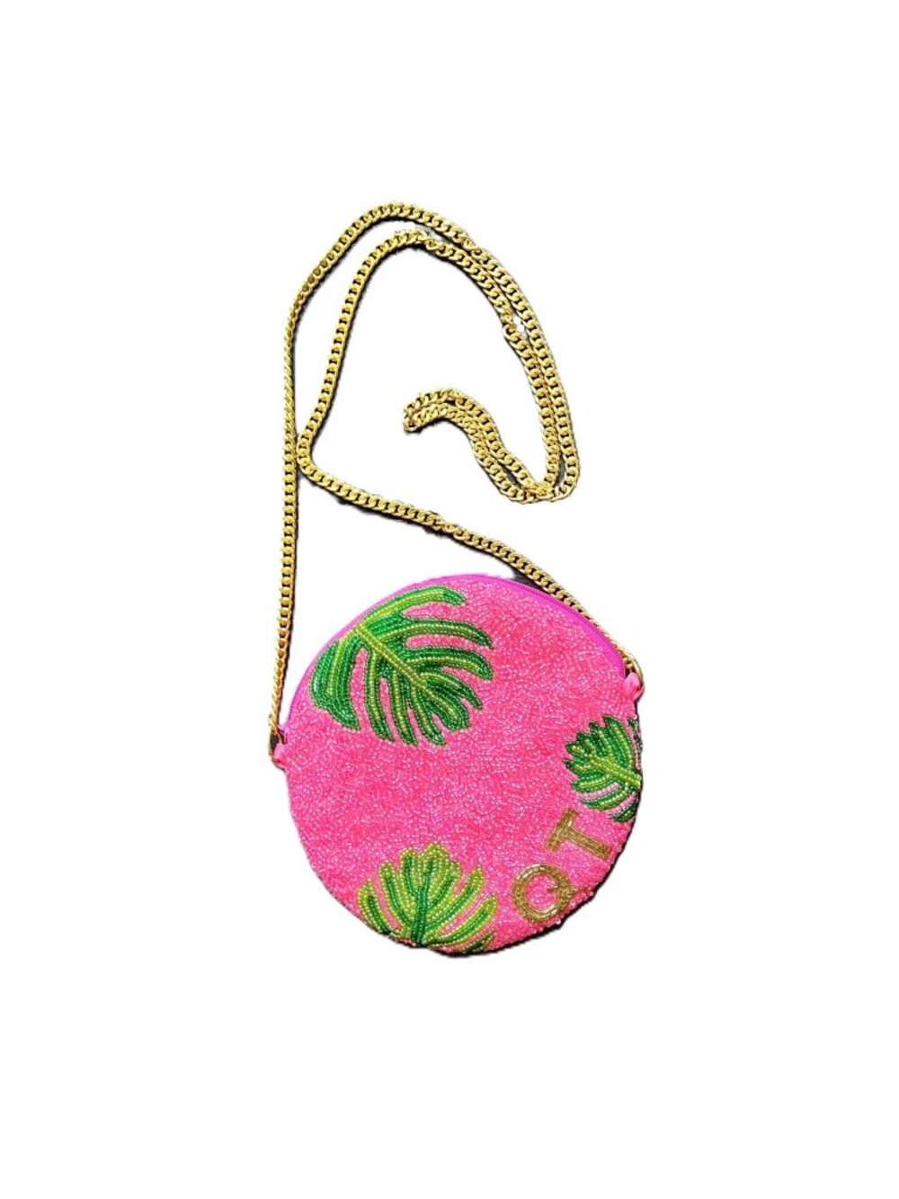 Tiana Hot Pink Beaded Round Bag Green Palm Leaves Gold Chain